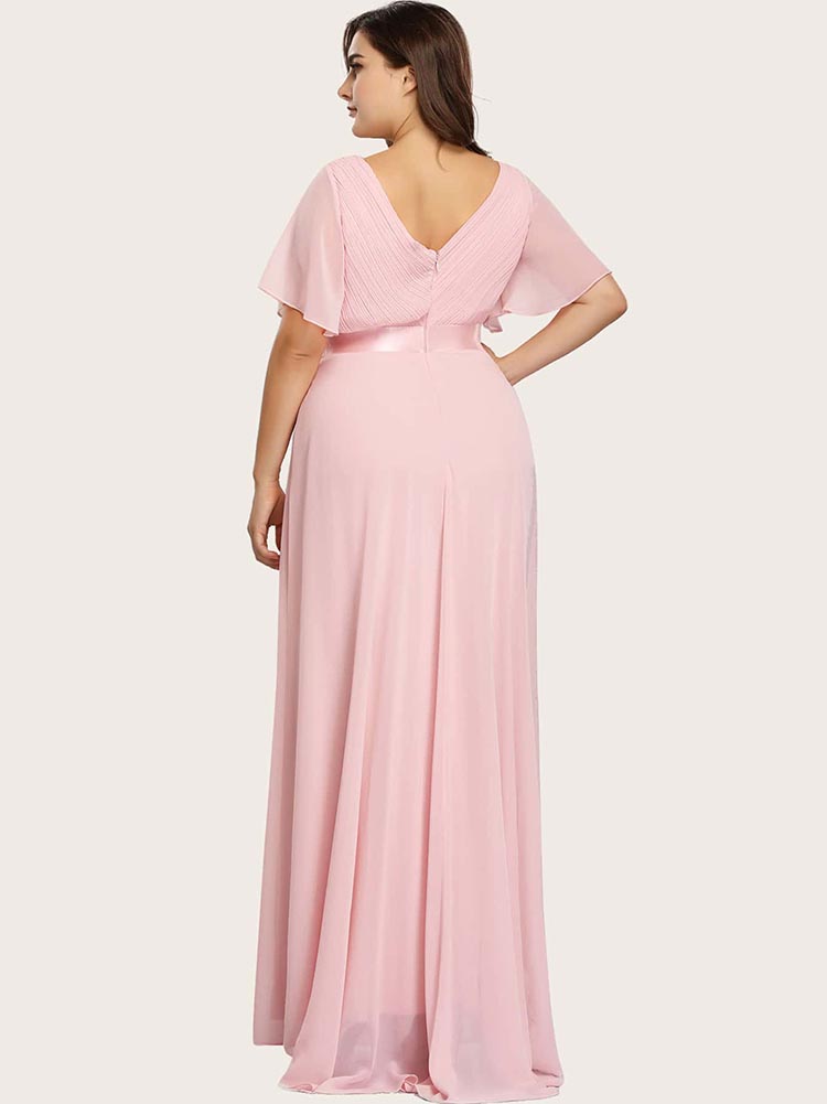 Flutter Sleeves Pleated V-neck Chiffon A-line Dress Blushing Pink main image 0