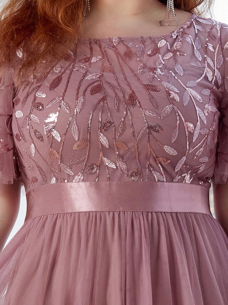 Leaf Sequin Bodice Mesh Party Dress