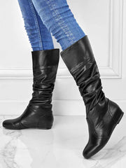 Solid Pleated Flat Heel Boots