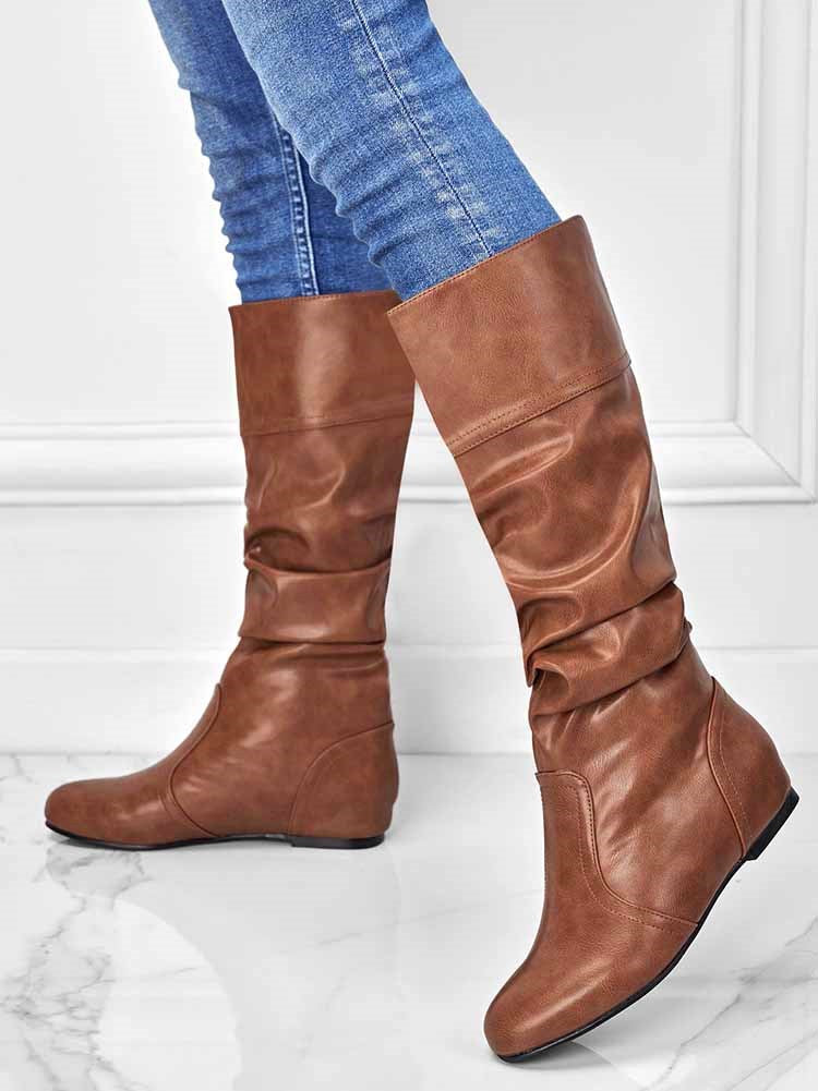 Solid Pleated Flat Heel Boots