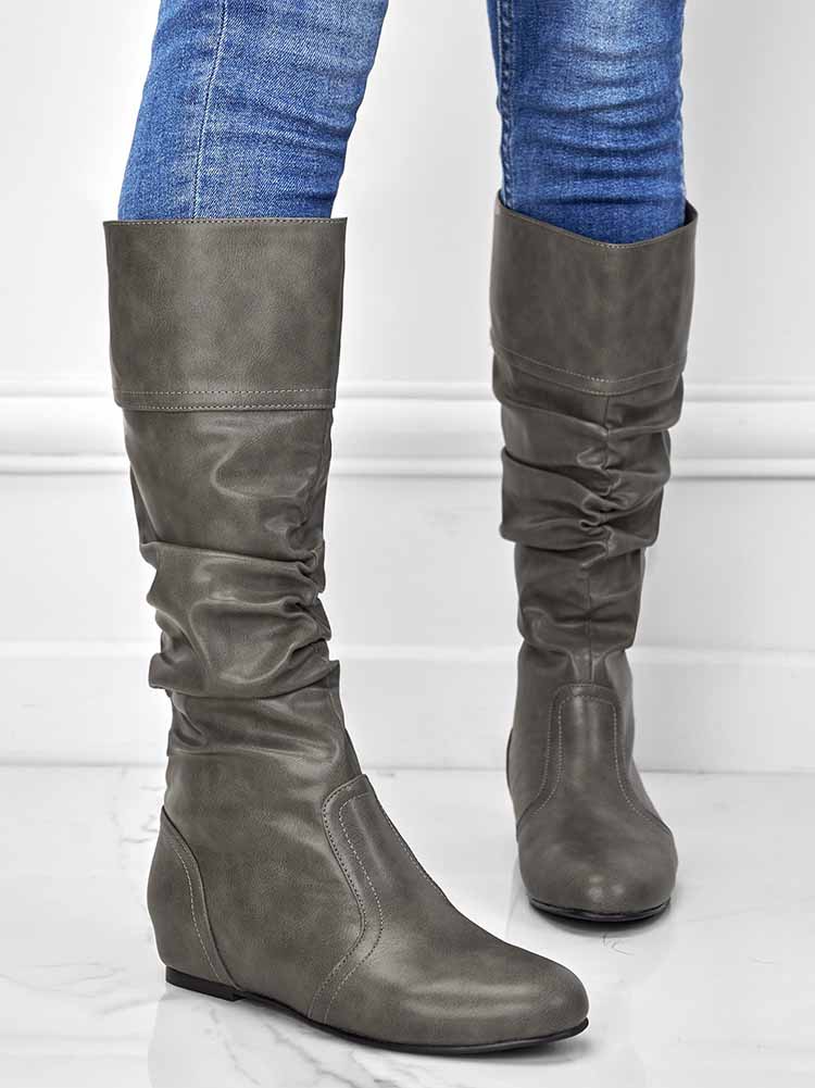 Solid Pleated Flat Heel Boots