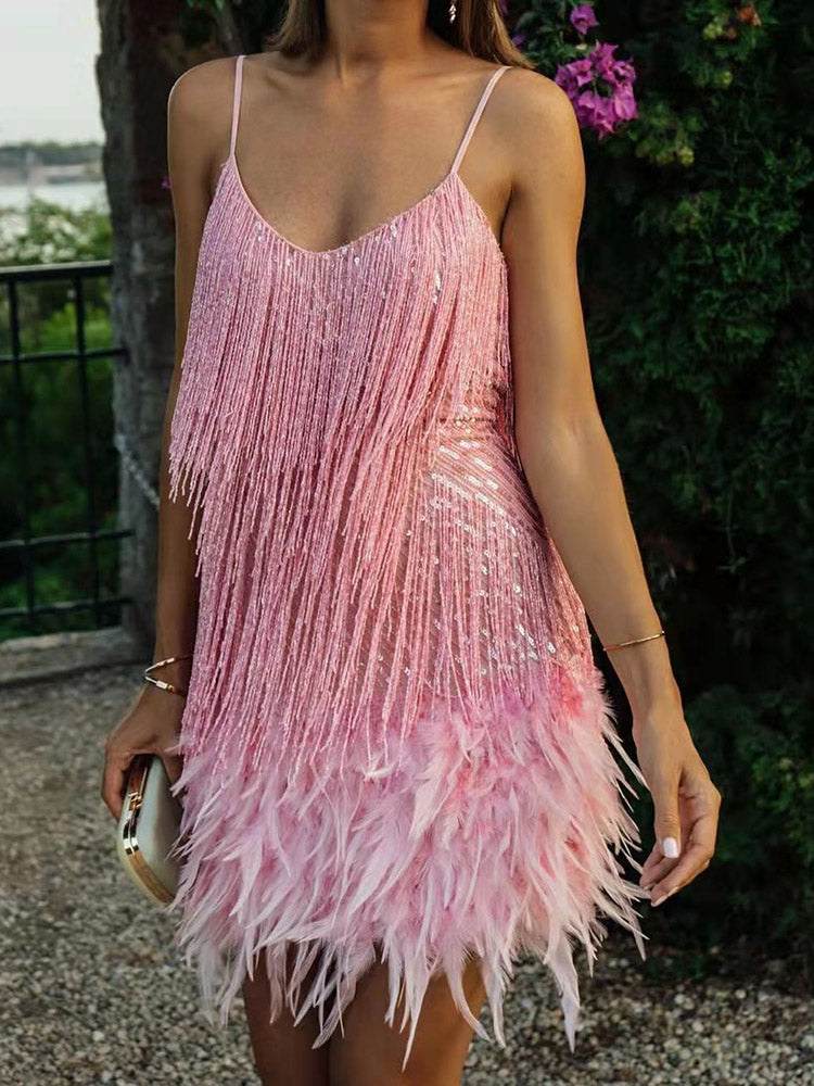 Feather Sequin Tassels Dress