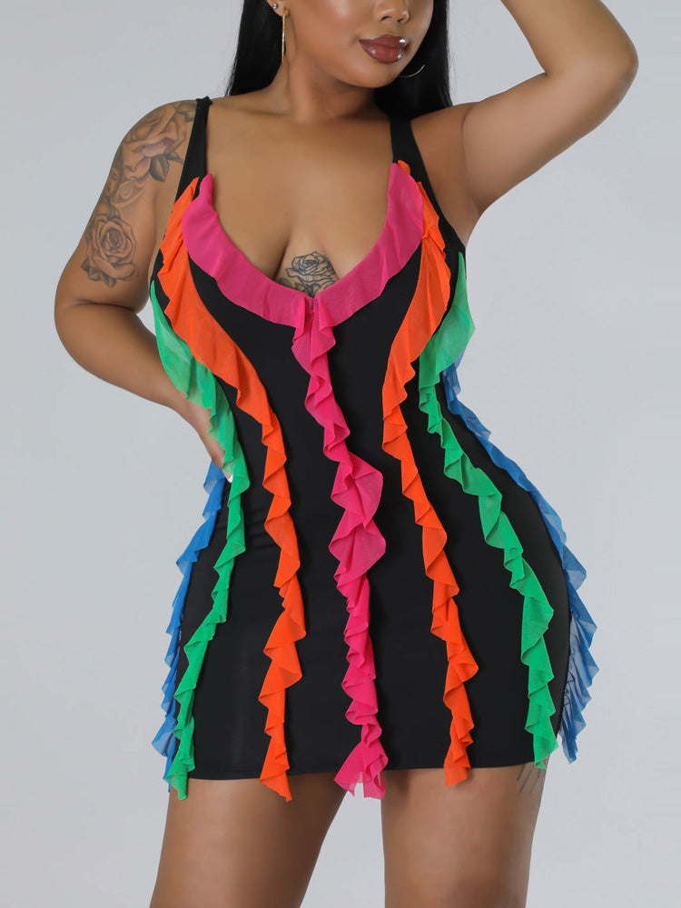 Colorful Ruffles V Neck Dress