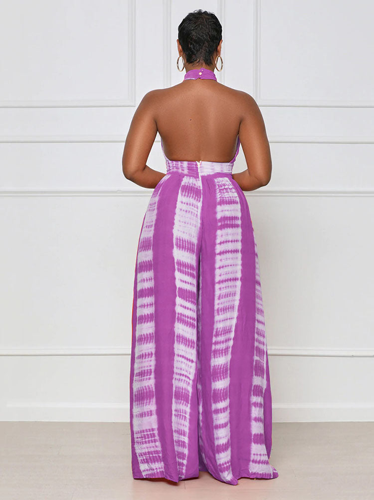 Halter Backless Printed Wide Leg Jumpsuit