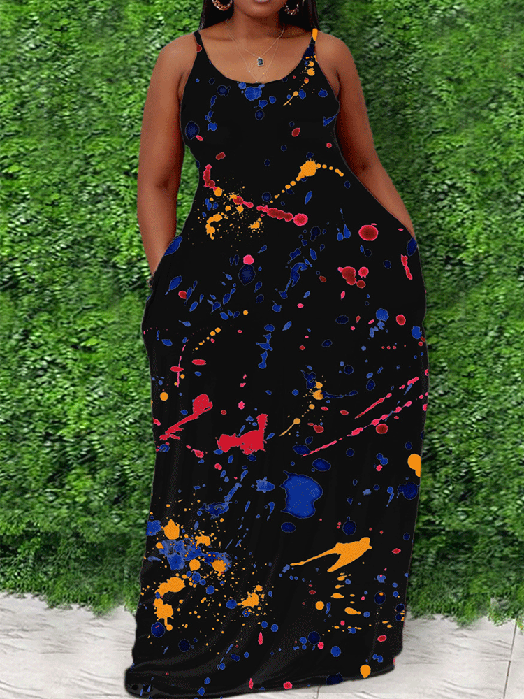 Maxikleid mit Spaghettiträgern und Graffiti-Print