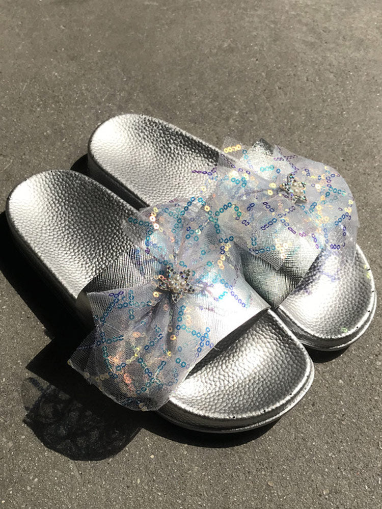 Lace Bow Sequin Flat Slides