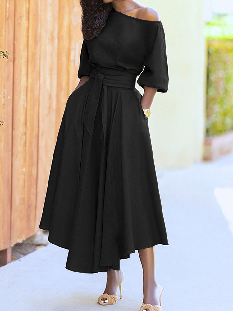 Oblique Neckline Half Sleeve Maxi Dress