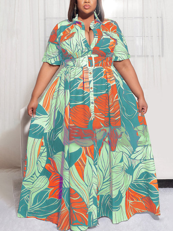 Printed V Neck Button Down Maxi Dress