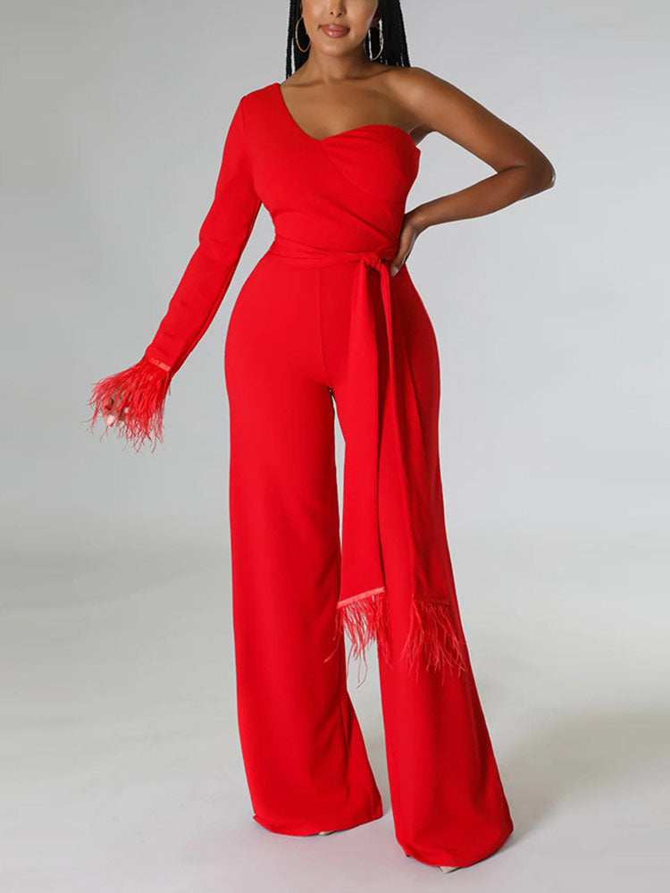 One shoulder Feather Decor Jumpsuit