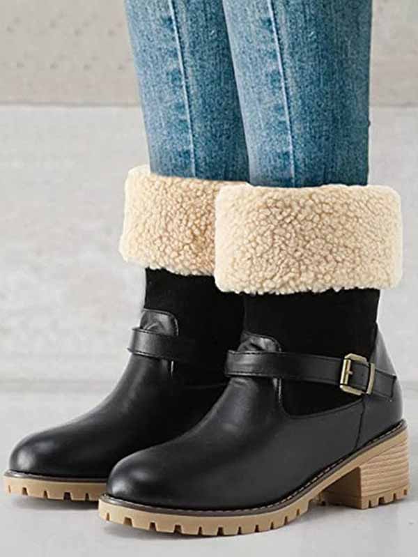 Furry Chunky Heel PU Ankle Boots