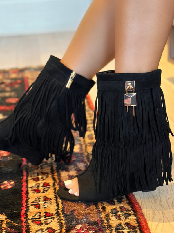 Fringe Open Toe Suede Boots
