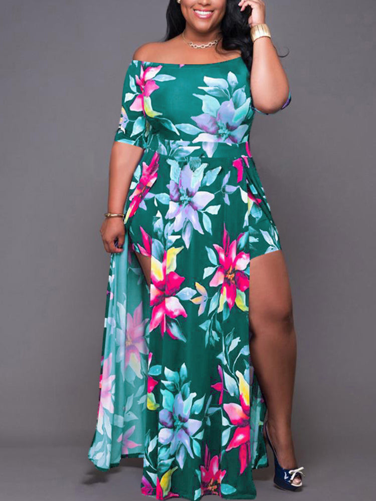 Floral Print Cold Shoulder Slit Dress