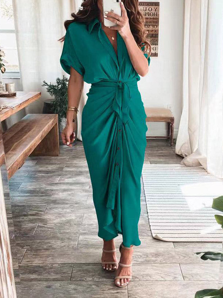 bandage shirt dress Printed Button Ruched Bandage long skirt with shirt for Women