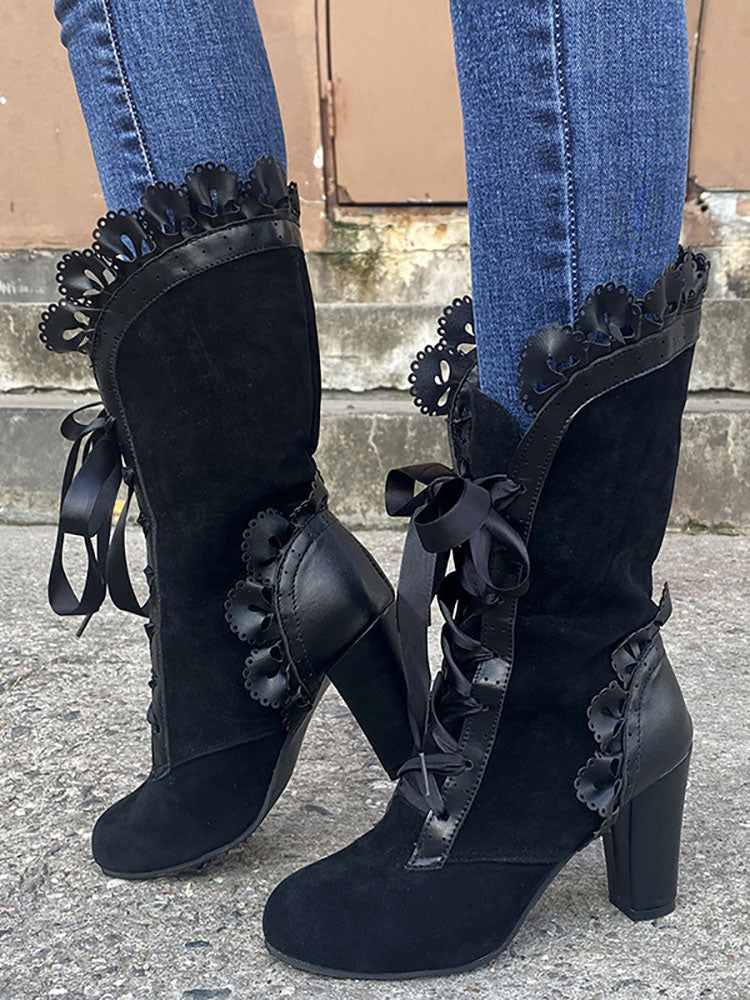 Chunky Heel Lace Up Mid Calf Boot