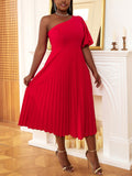 One Shoulder Puff Sleeve Pleated Dress