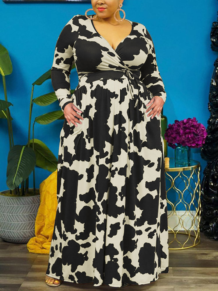 Cow Print V Neck Wrap Dress