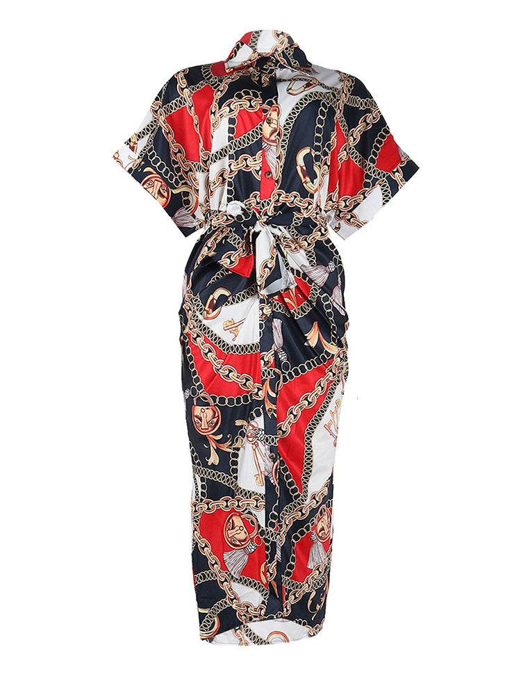 Printed Ruched Belt Midi Dress