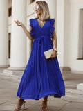 V Neck Ruffle Pleated Dress