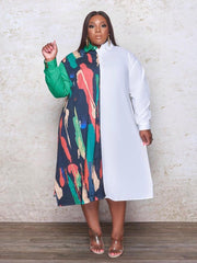 Color Block Shirt Collar Midi Dress