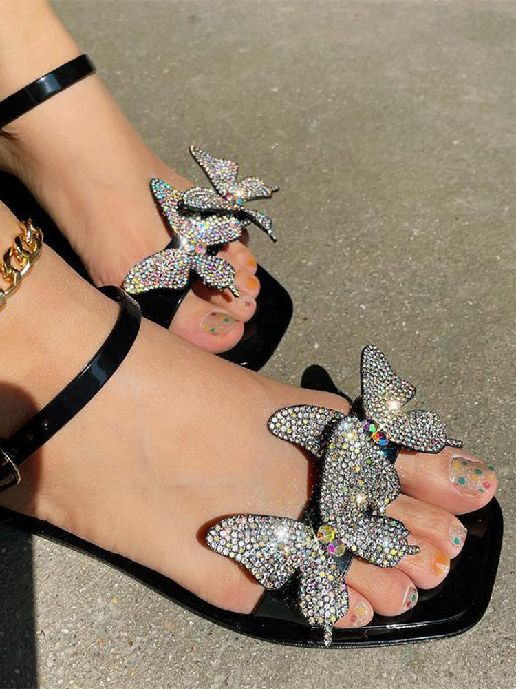 Sandalias planas con doble mariposa y diamantes de imitación