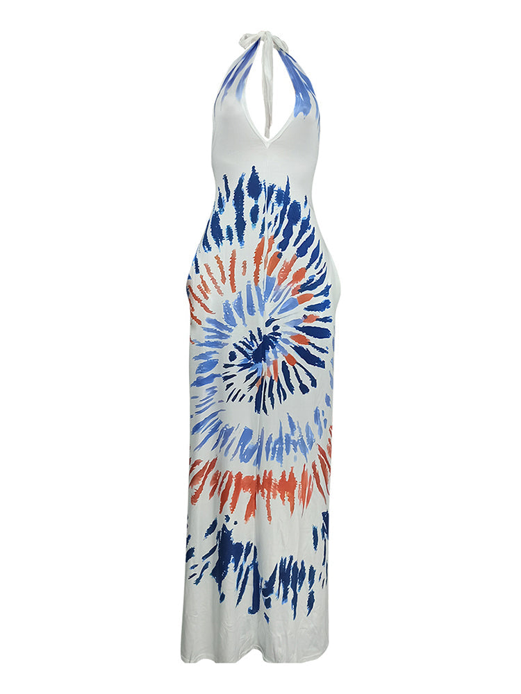 Tie Dye Halter Backless Dress