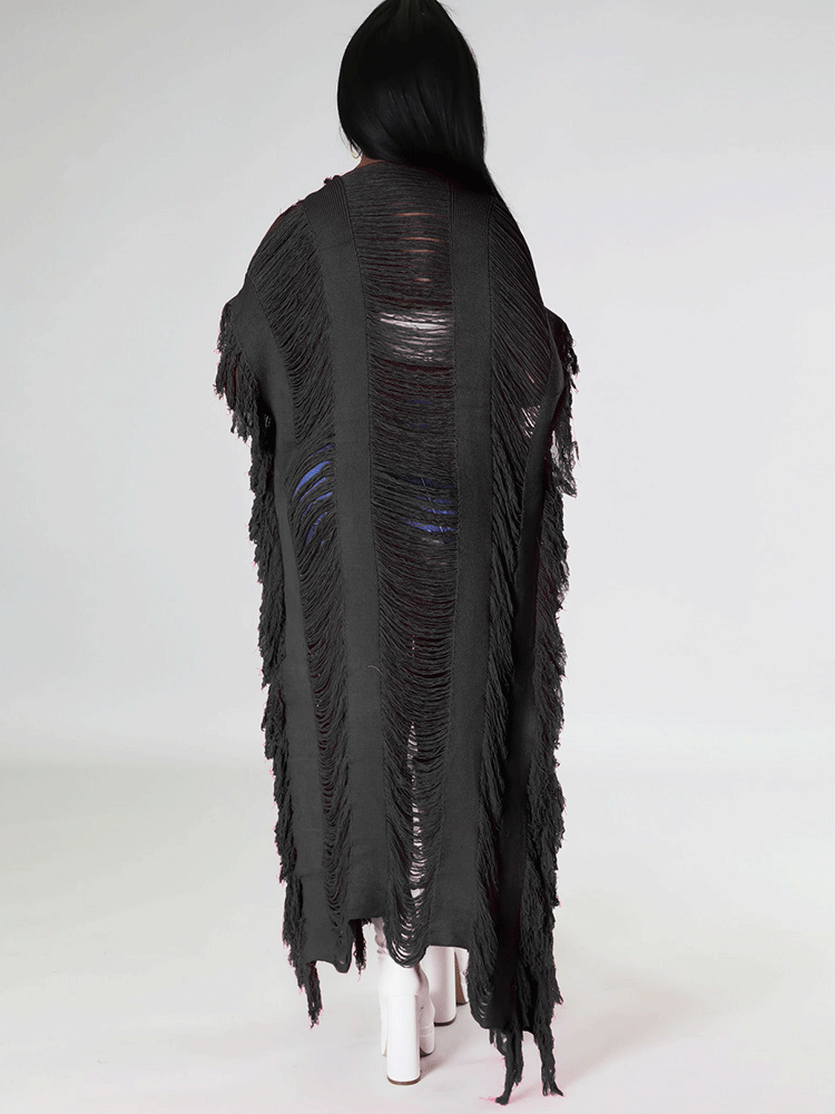 Knitted Tassels Ripped Long Cardigan