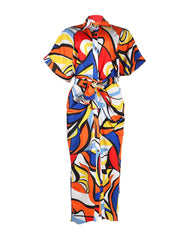 Printed Ruched Belt Midi Dress