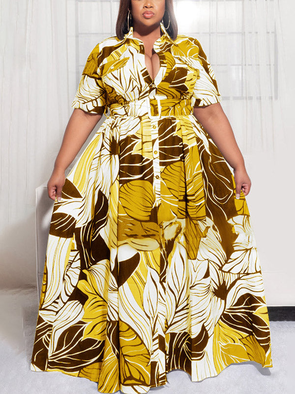 Printed V Neck Button Down Maxi Dress