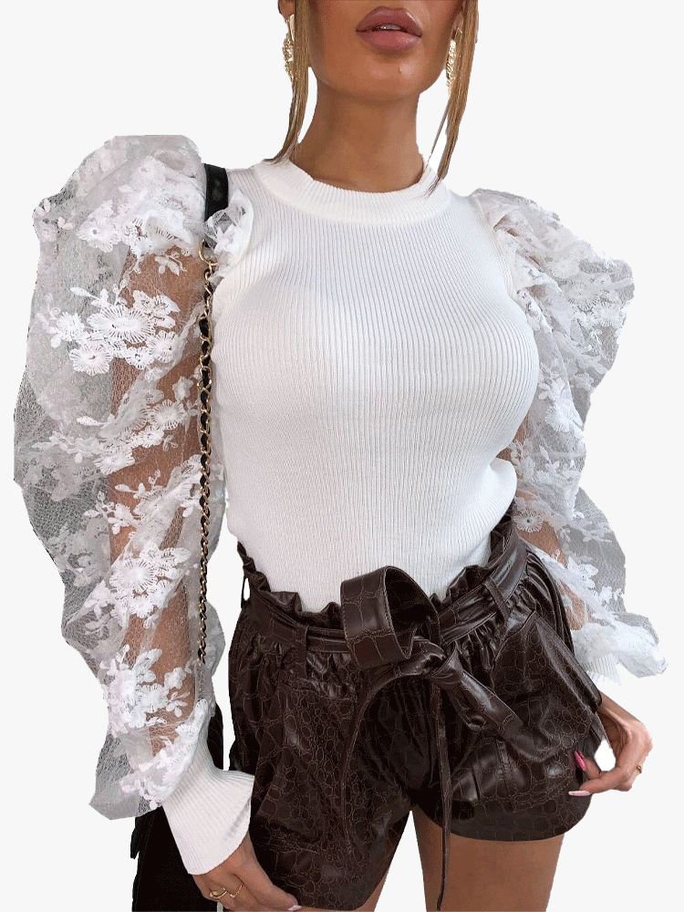 Knitted Lace Puff Sleeve Patchwork Top