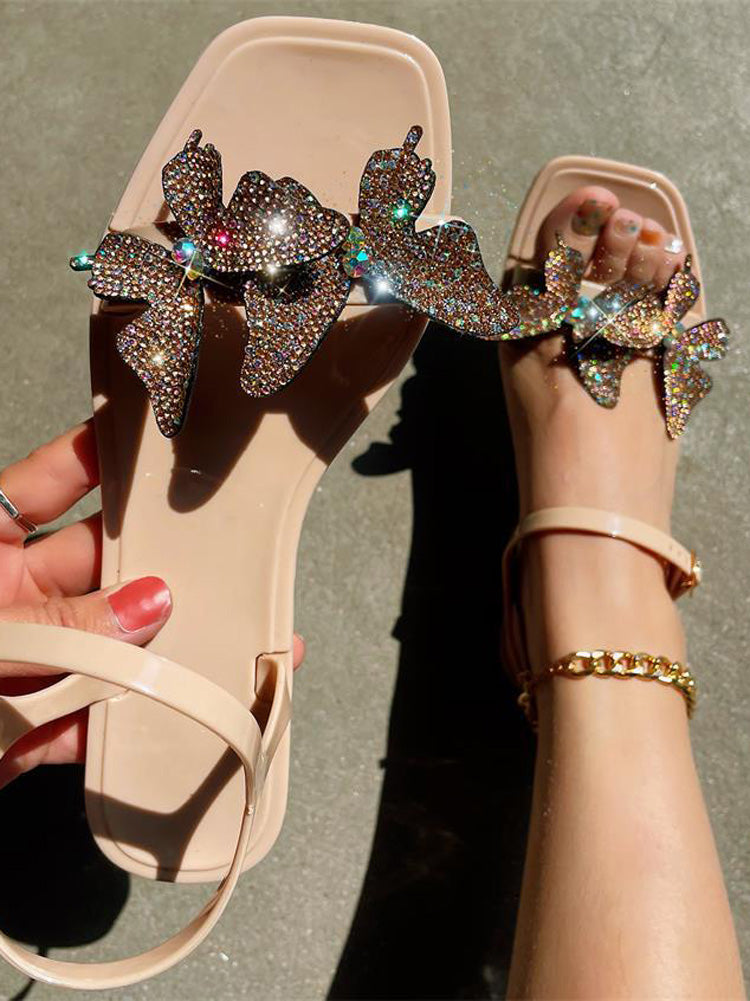 Sandalias planas con doble mariposa y diamantes de imitación