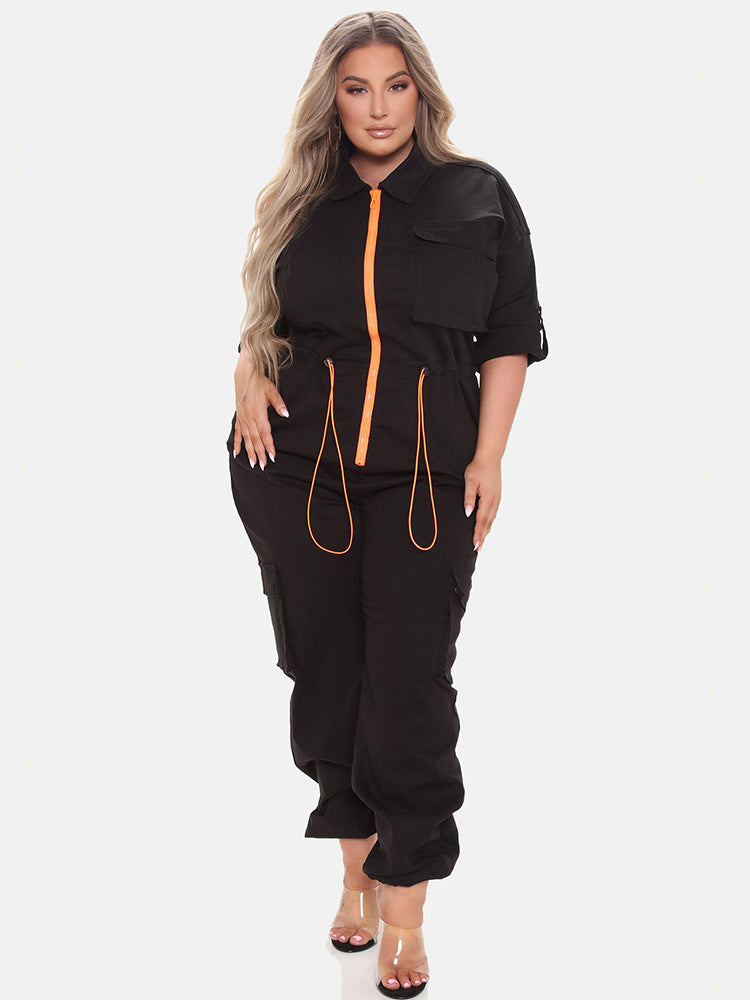 Drawstring Zipper Front Jumpsuit