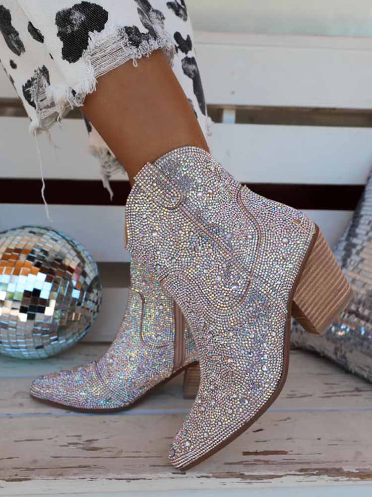 Rhinestone Decor Chunky Heel Boots