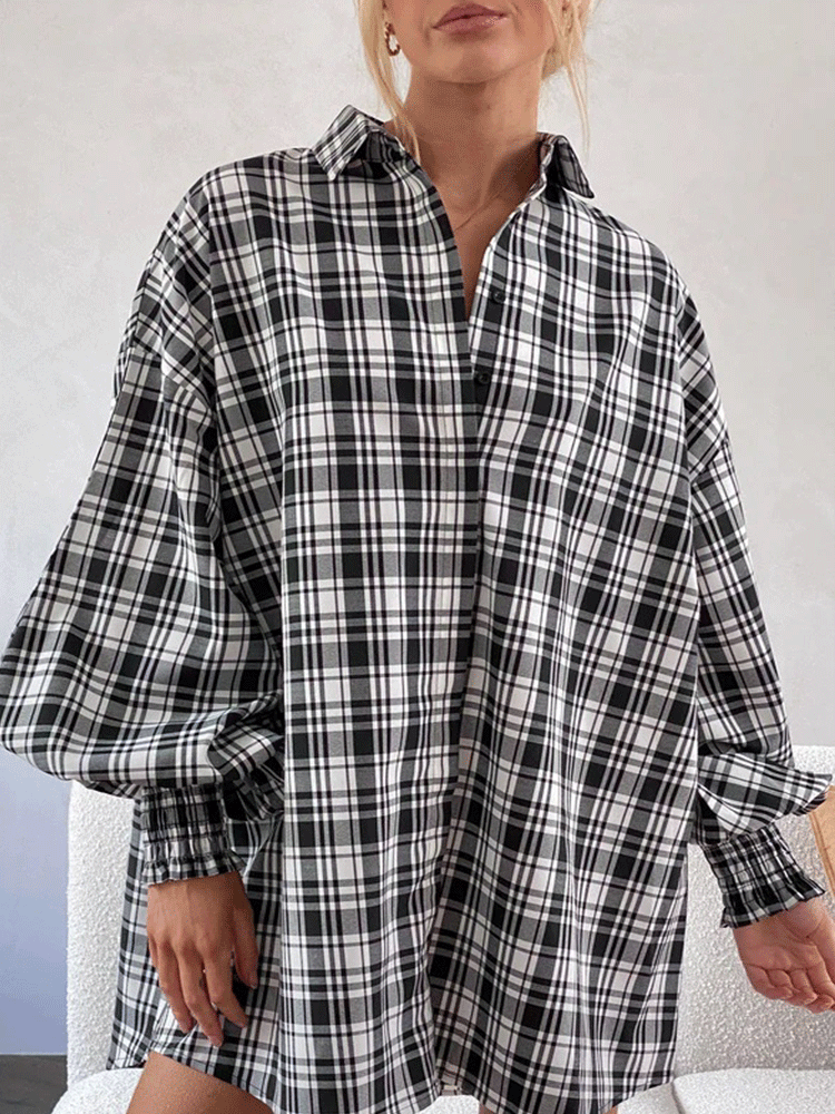 Plaid Lantern Sleeve Shirt Tops