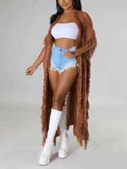 Knitted Tassels Ripped Long Cardigan