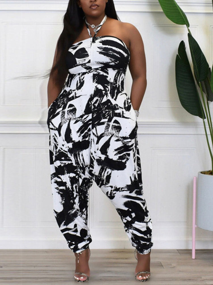 Casual Print Halter Backless Jumpsuits