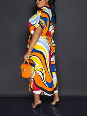 Printed Ruched Belt Midi Dress