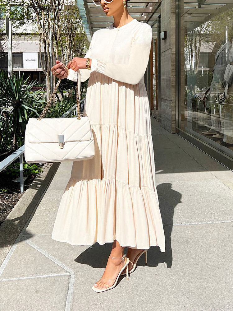 Solid Color Long Sleeve Ruffle Dress