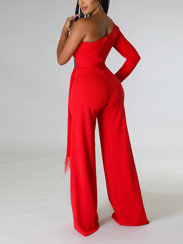 One shoulder Feather Decor Jumpsuit