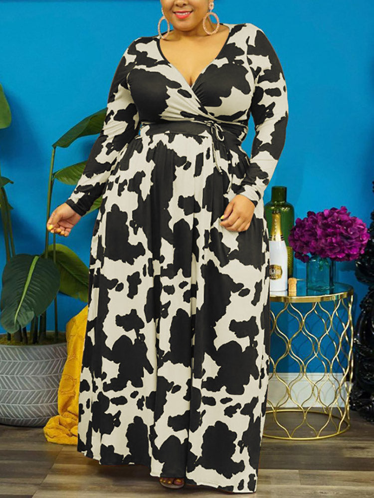 Cow Print V Neck Wrap Dress