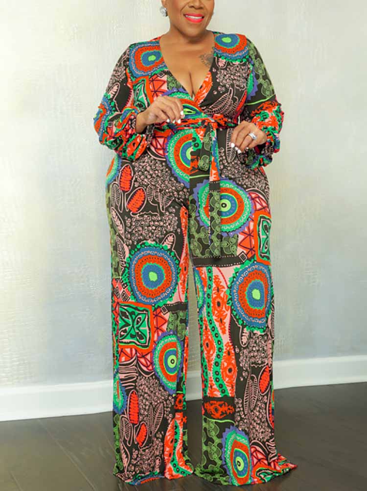 Printed Wide Leg Belt Jumpsuit