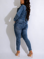 Zipper With Belt Denim Jumpsuit