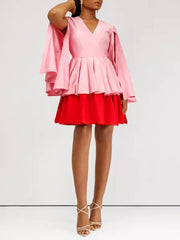 Colorblock Bell Sleeve Tiered Midi Dress