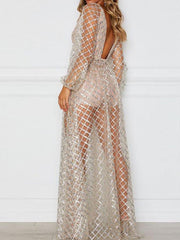 Sequins Mesh V Neck Maxi Dress