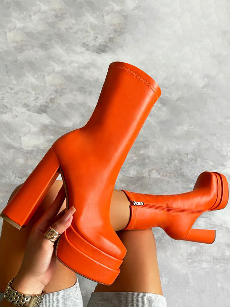 PU Chunky High Heel Ankle Boots