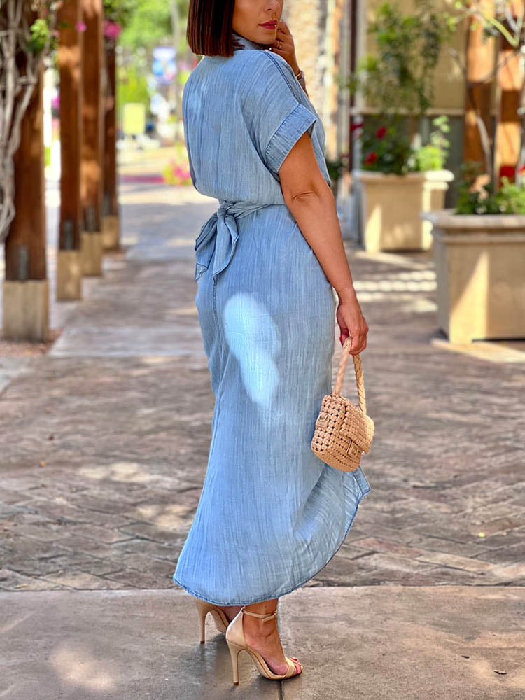 Front Tie Denim Ruched Midi Dresses