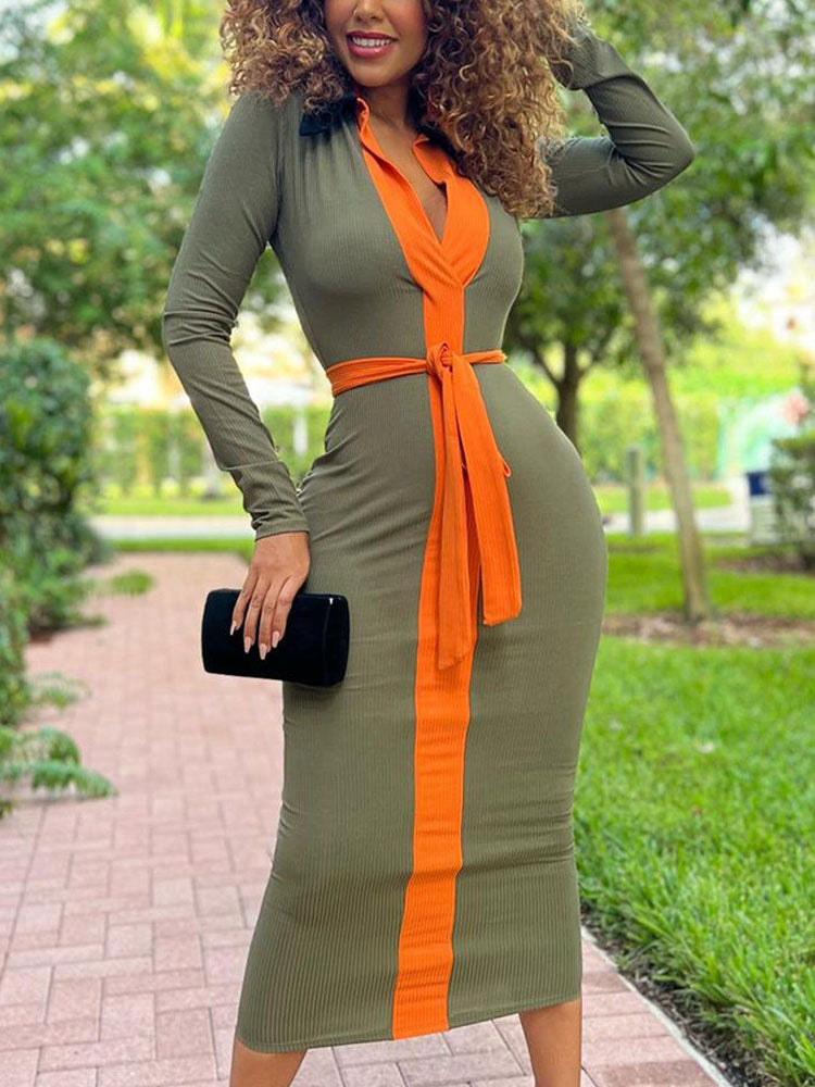 Color Block V Neck Dress