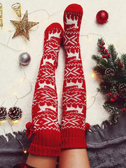 Christmas Elk Snowflake Print Pom Socks