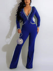 Rhinestones Feather V Neck Jumpsuits