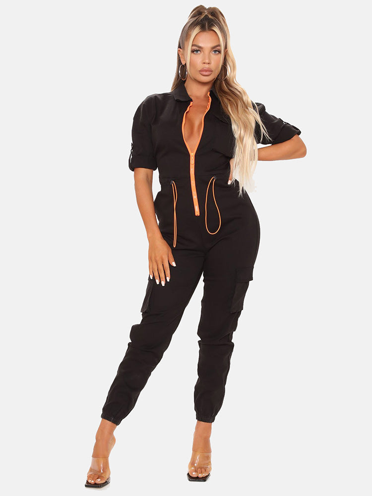 Drawstring Zipper Front Jumpsuit