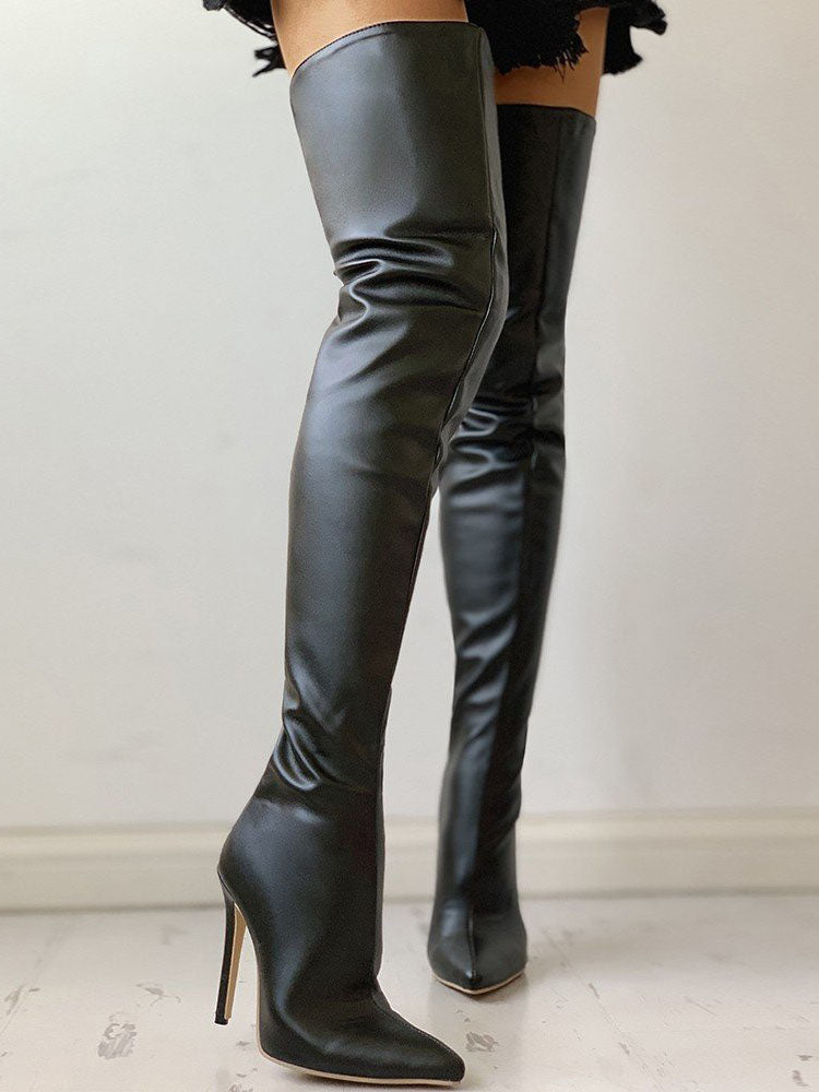 PU Zipper Stiletto Heeled Over Knee Boots